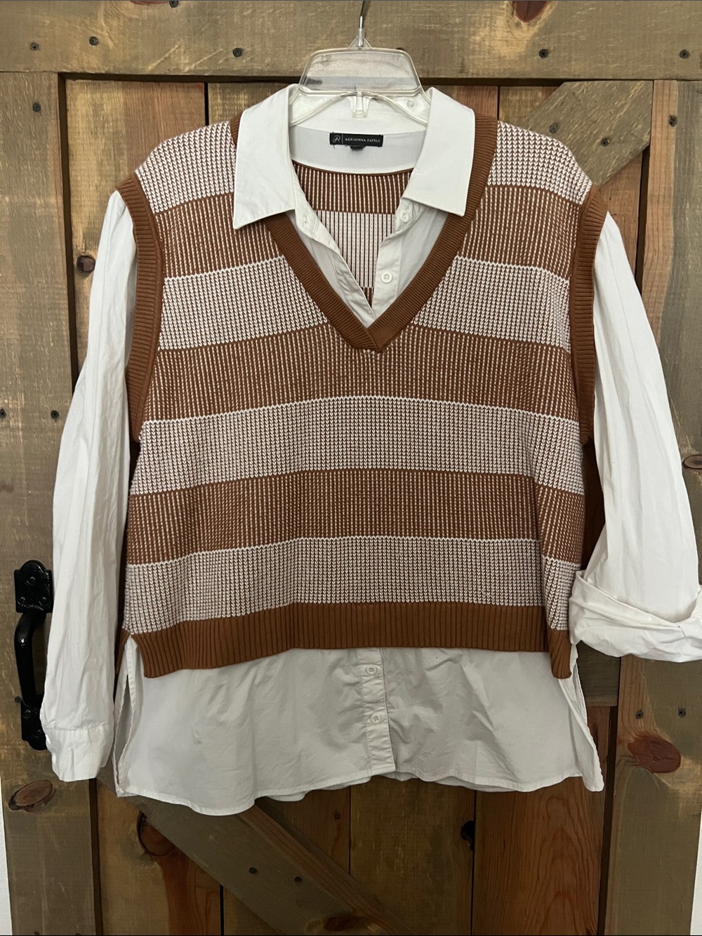 Adrianna Papell Brown and Cream V-Neck Striped Sweater Vest